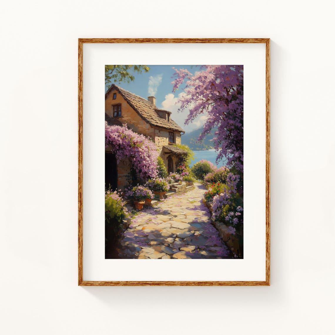 Rustic Stone Cottage With Wisteria By Lake Floral Art Poster - Image 3