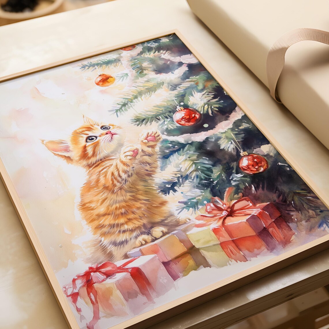 Ginger Kitten Reaching for Christmas Tree Ornaments Watercolor Art Poster - Image 4