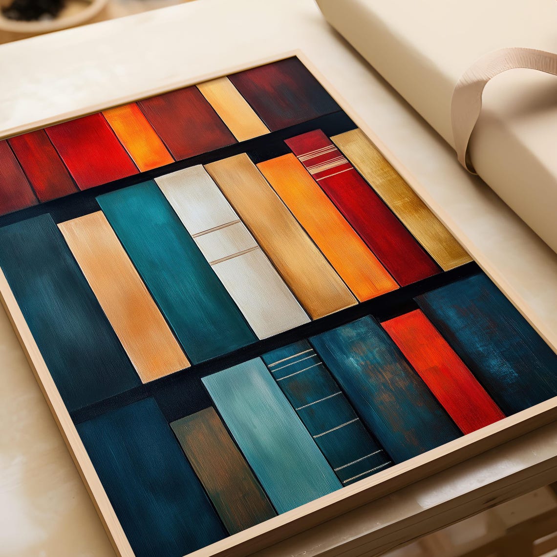 Abstract Colorful Bookshelf Oil Painting Teal Red Book Spines Poster - Image 5