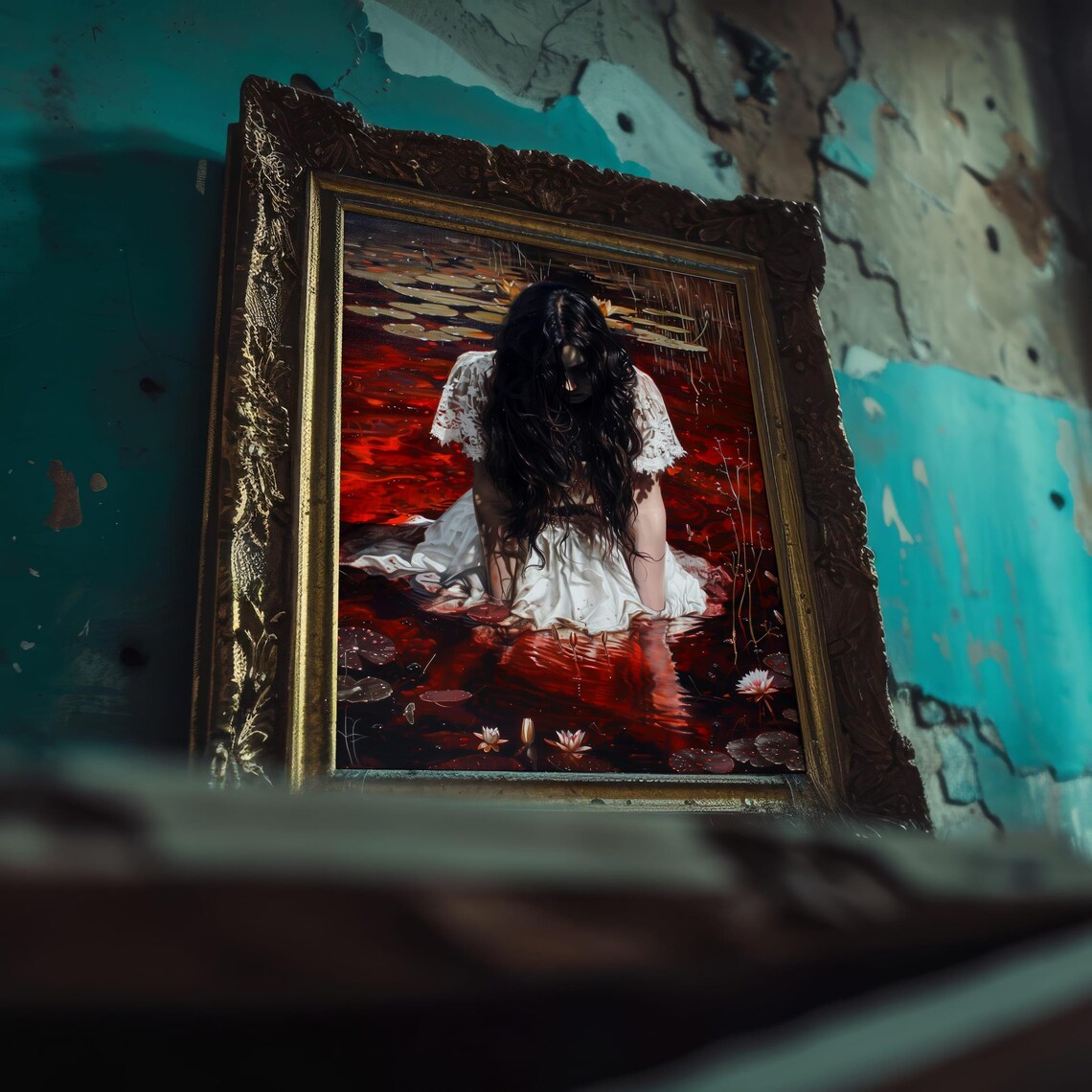 Gothic Woman White Dress Dark Red Water Lily Pond Art Poster - Image 4