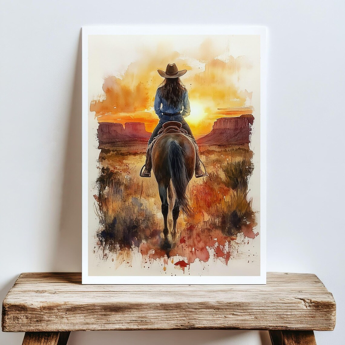 Cowgirl Riding Horse Into Sunset Desert Landscape Watercolor Poster - Image 5