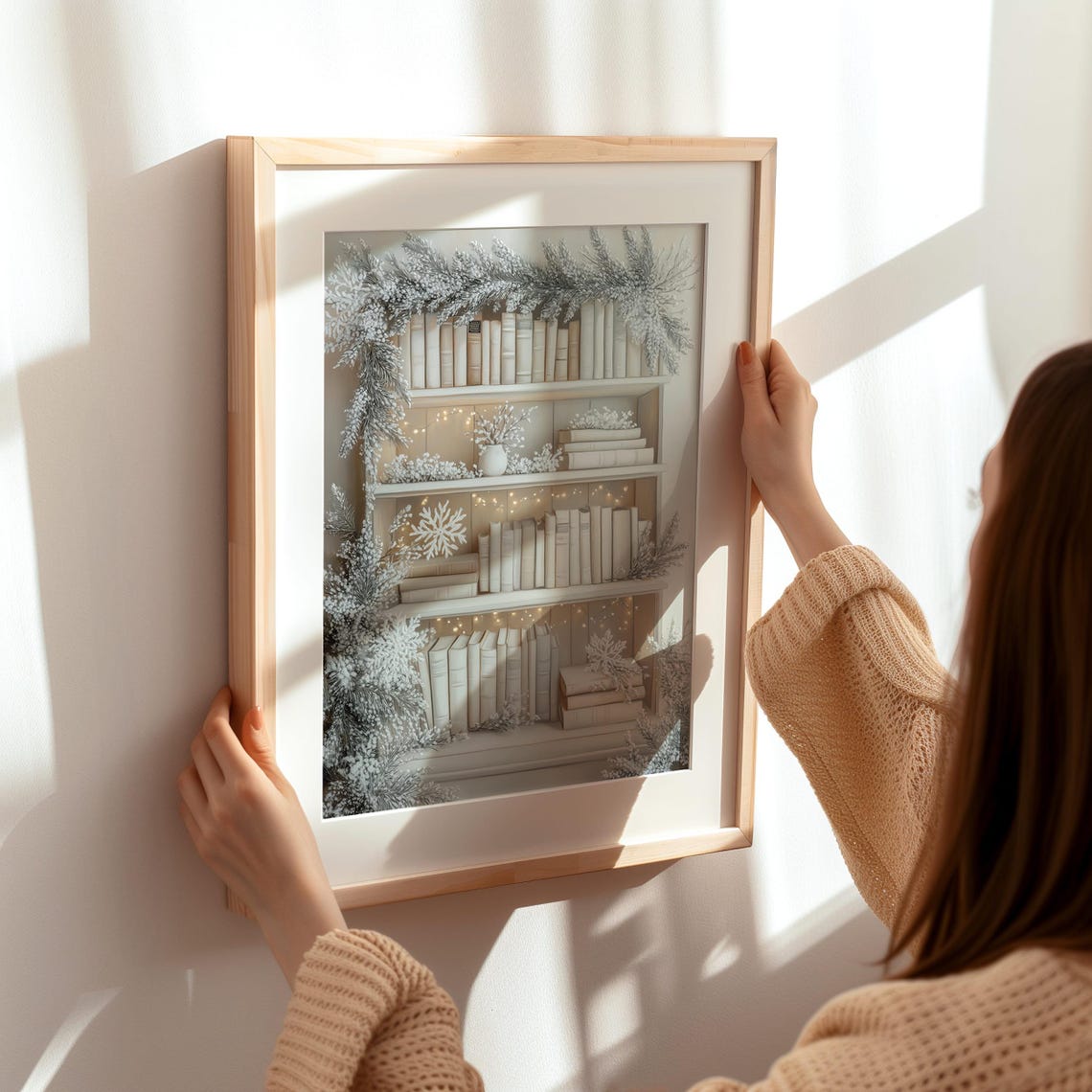 White Winter Bookshelf With Frosty Decor and Fairy Lights Poster - Image 7