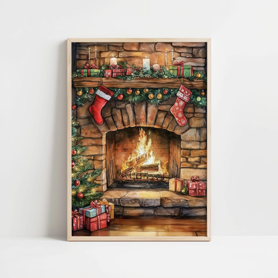 Cozy Christmas Fireplace Stockings Watercolor Holiday Wall Poster - Image 8
