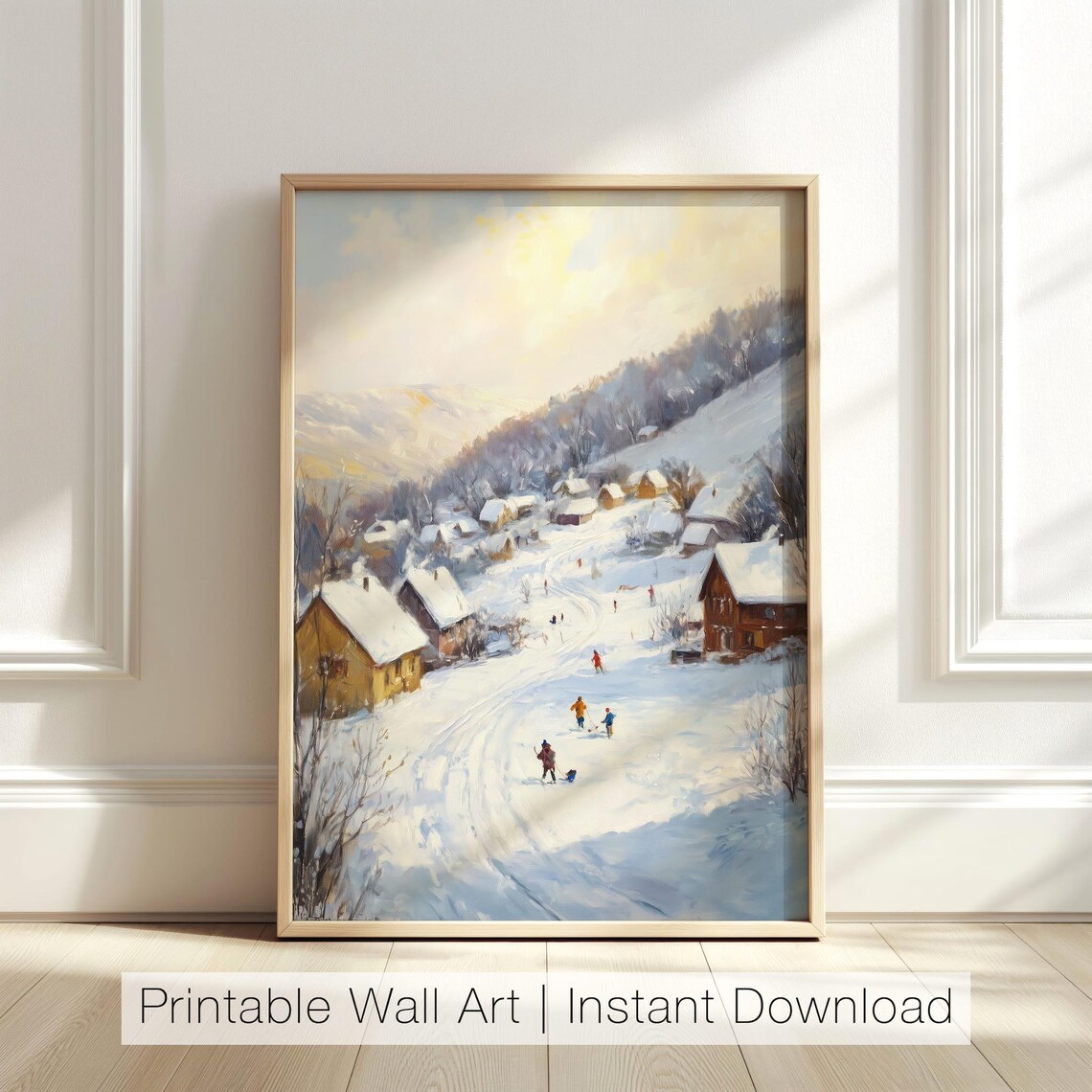 Vintage Winter Village Scene Children Sledding in Snow Poster
