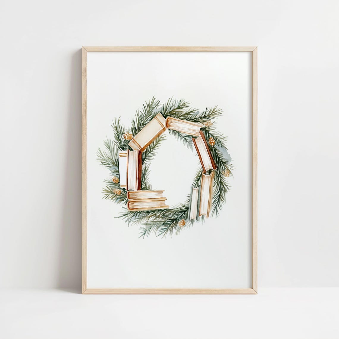 Watercolor Christmas Wreath of Books Pine Branches Holiday Poster - Image 8