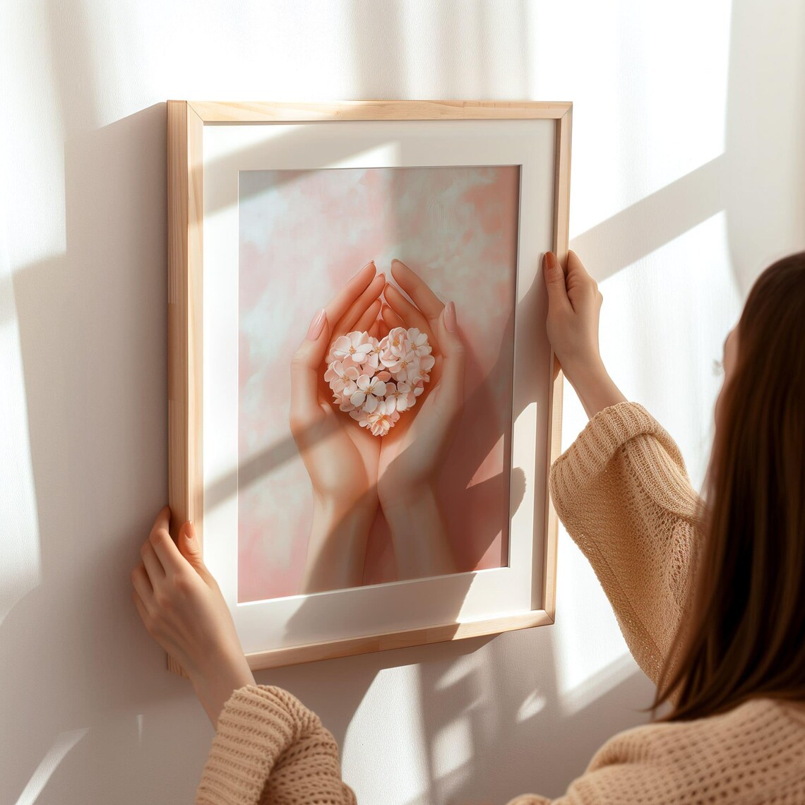 Two Cupped Hands Holding Heart Of White Blossoms Soft Pink Poster - Image 3