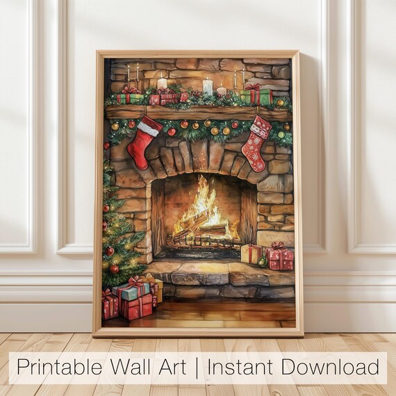 Cozy Christmas Fireplace Stockings Watercolor Holiday Wall Poster