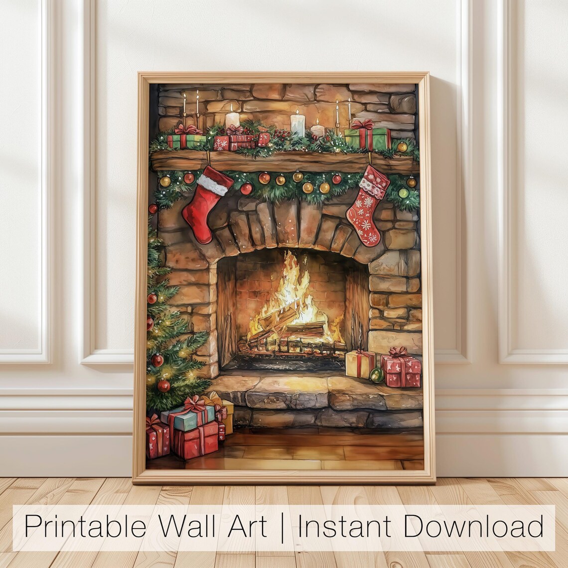 Cozy Christmas Fireplace Stockings Watercolor Holiday Wall Poster