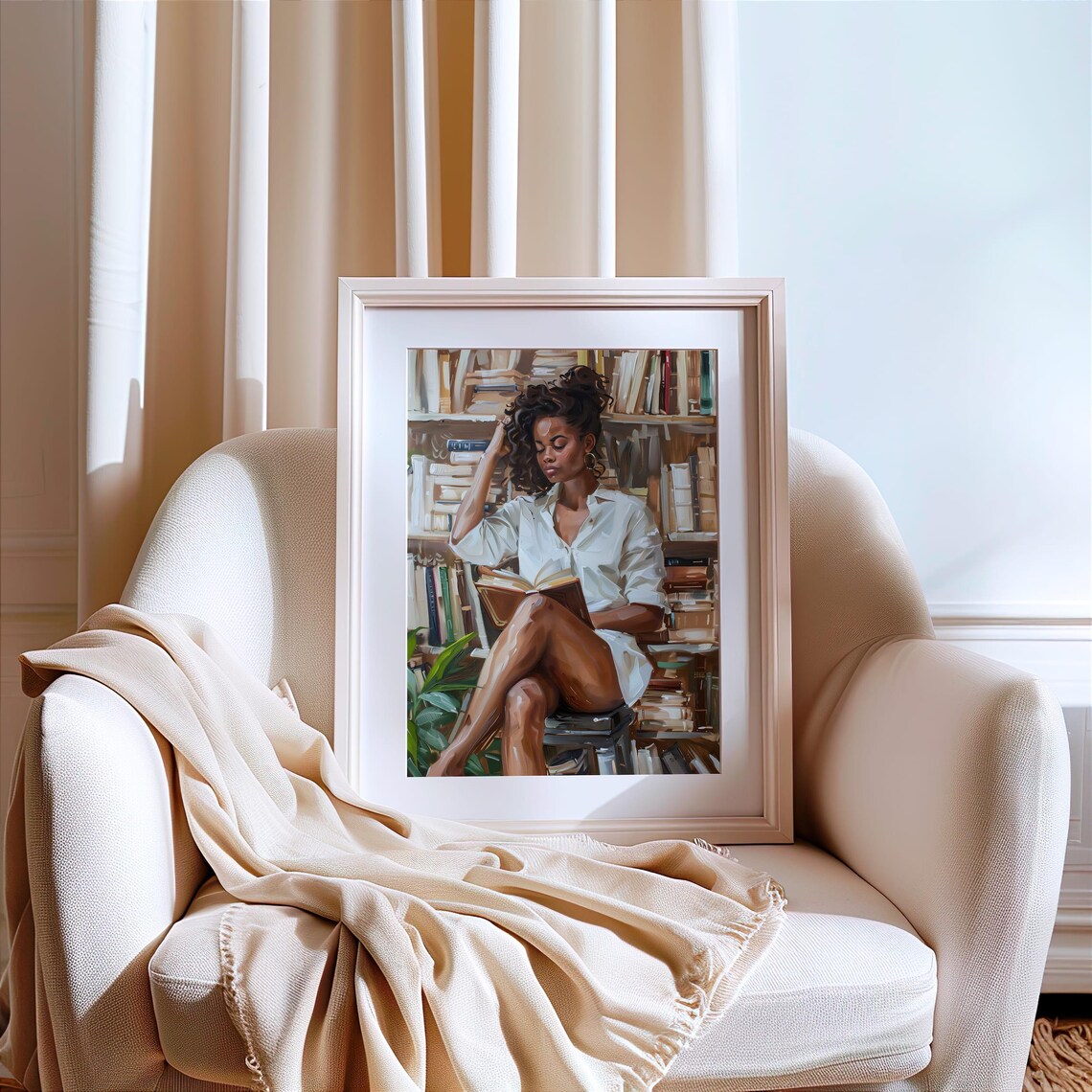Black Woman Lost In Book Among Vintage Library Shelves Poster - Image 7