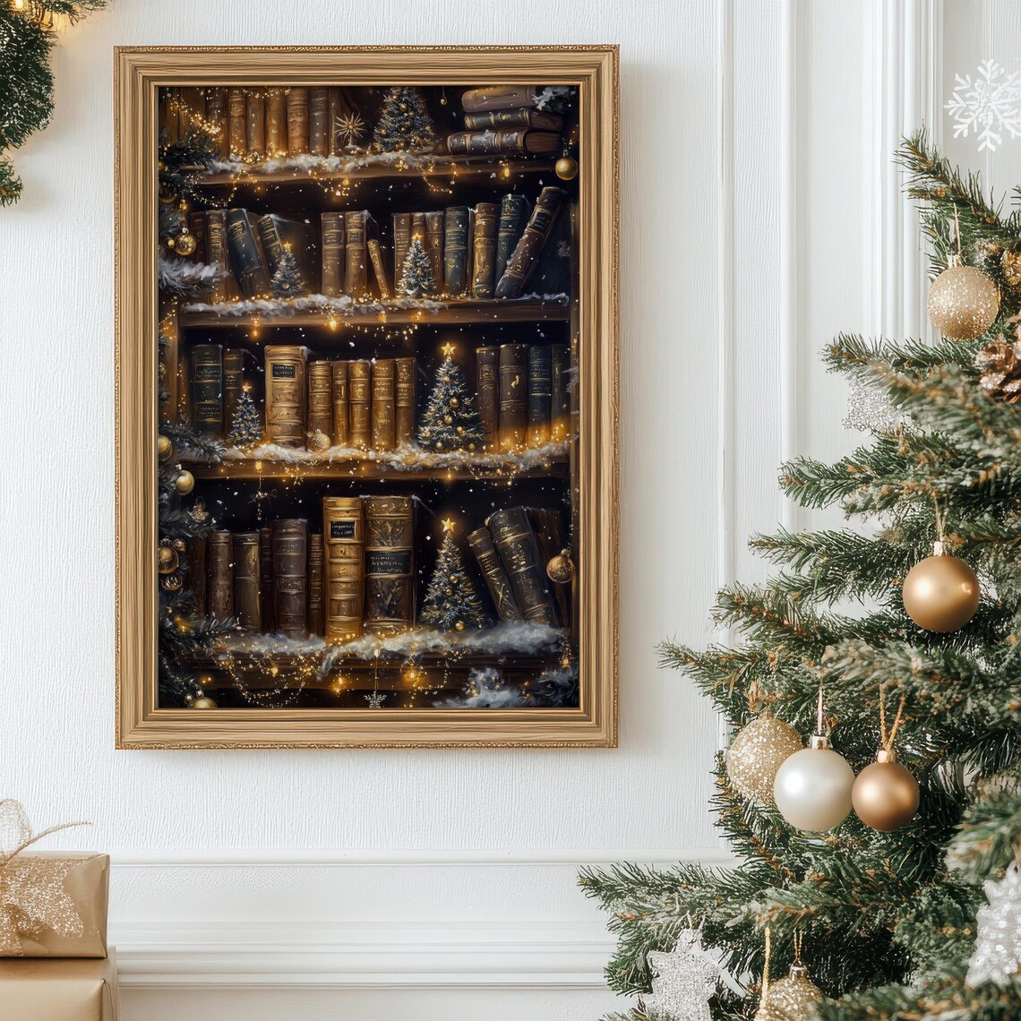 Christmas Bookshelf Art Print, Holiday Reading Nook - Image 2