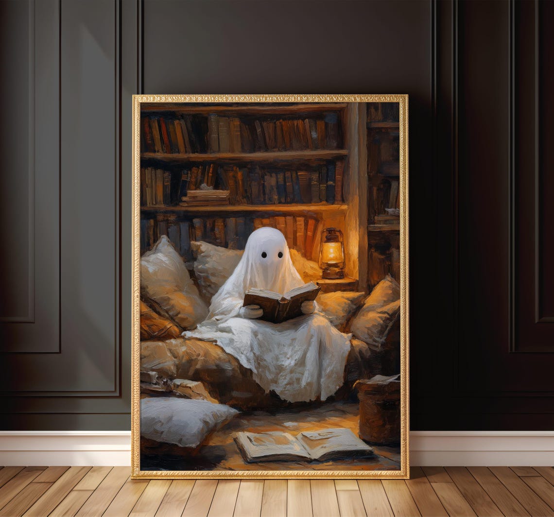Cozy Ghost Reading Book in Spooky Library Halloween Art Poster