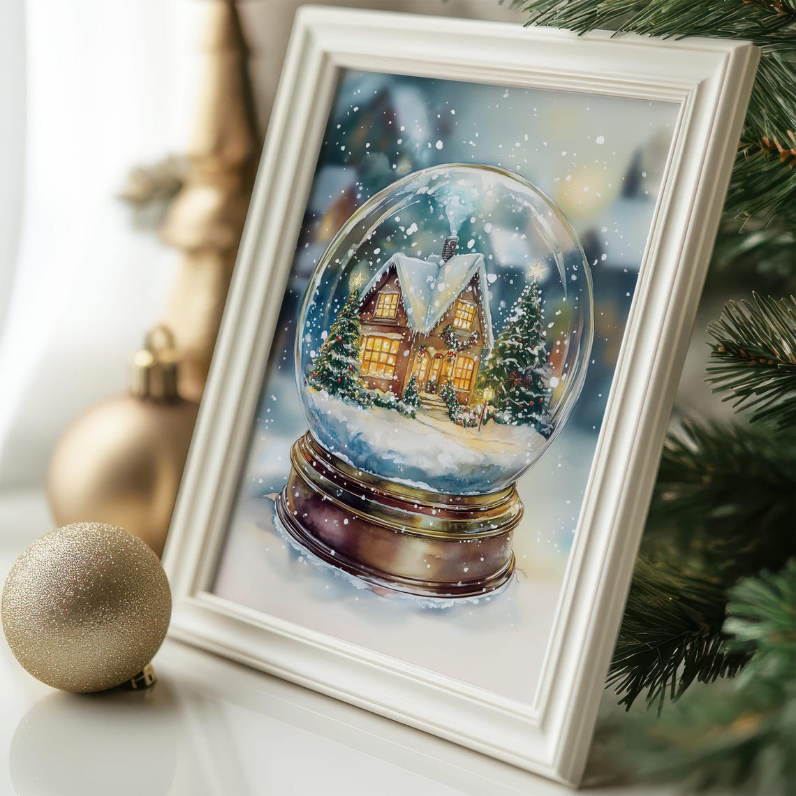 Christmas Snow Globe with Glowing Cottage and Falling Snow Art Poster - Image 6