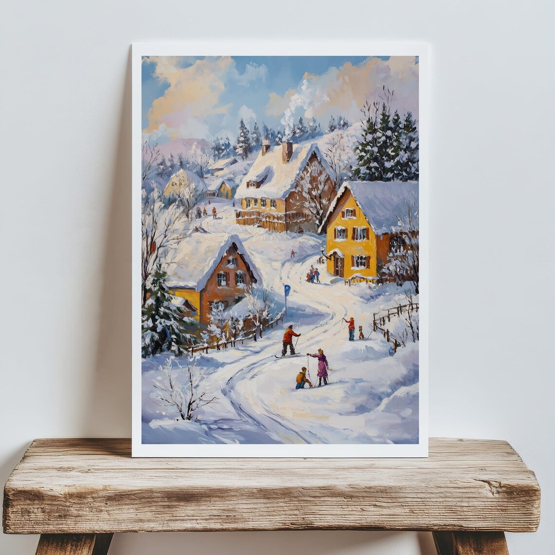 Snowy Village Cottages Winter Sledding Scene Oil Painting Poster - Image 6