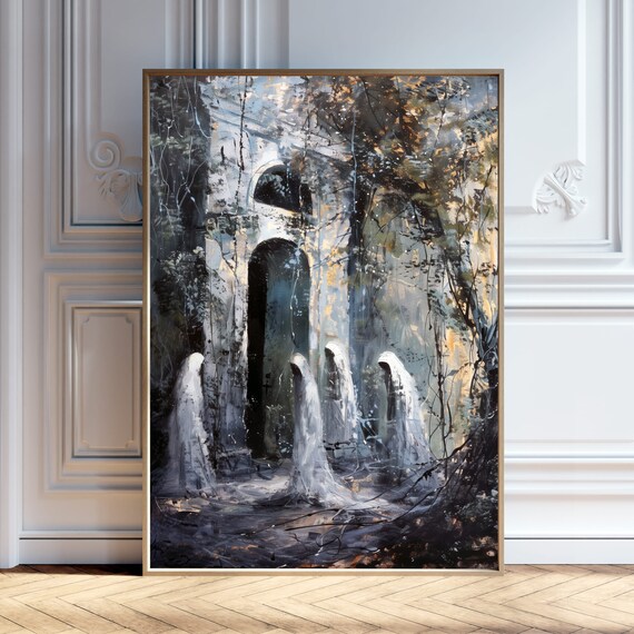 Ghosts Among Ancient Ruins Dark Forest Night Gothic Art Poster