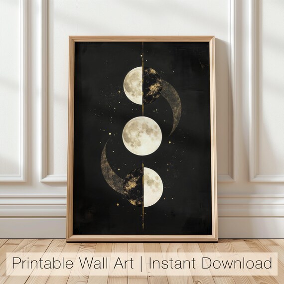 Gold Moon Phases Celestial Lunar Cycle Black Night Sky Poster