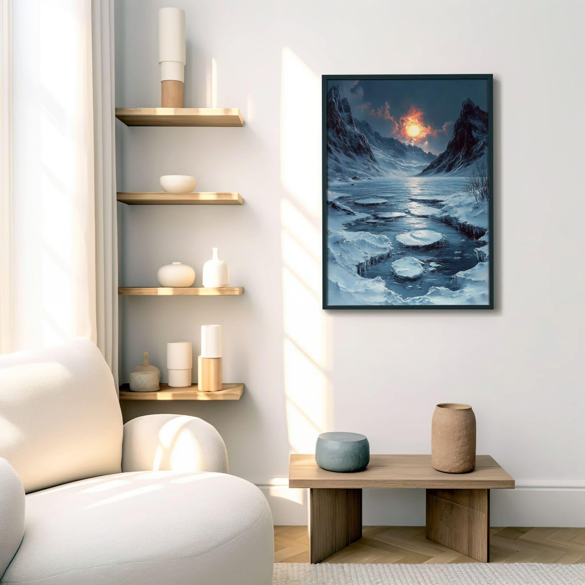 Frozen Mountain Lake at Sunset With Golden Sun Reflection Poster - Image 5