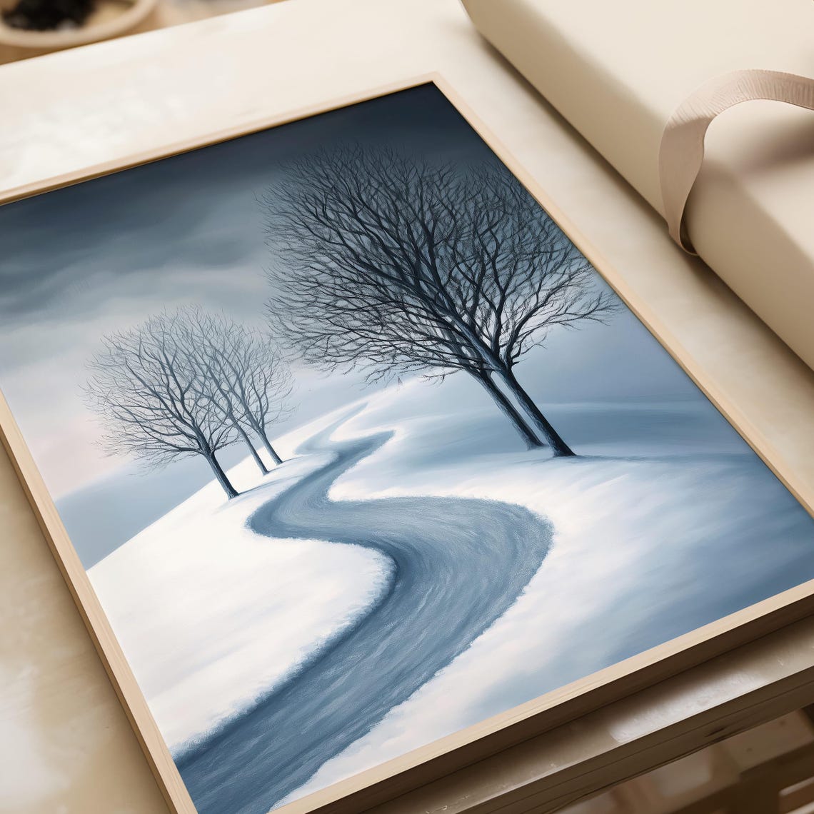 Minimalist Winding Winter Road Through Snowy Bare Trees Poster - Image 3