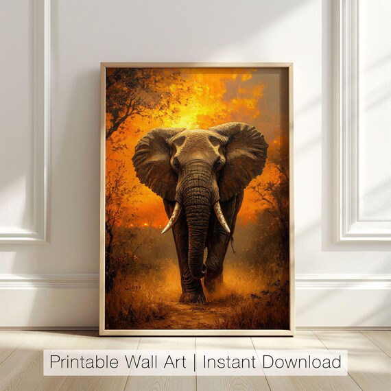 Majestic African Elephant Sunset Fiery Savanna Wildlife Portrait Poster