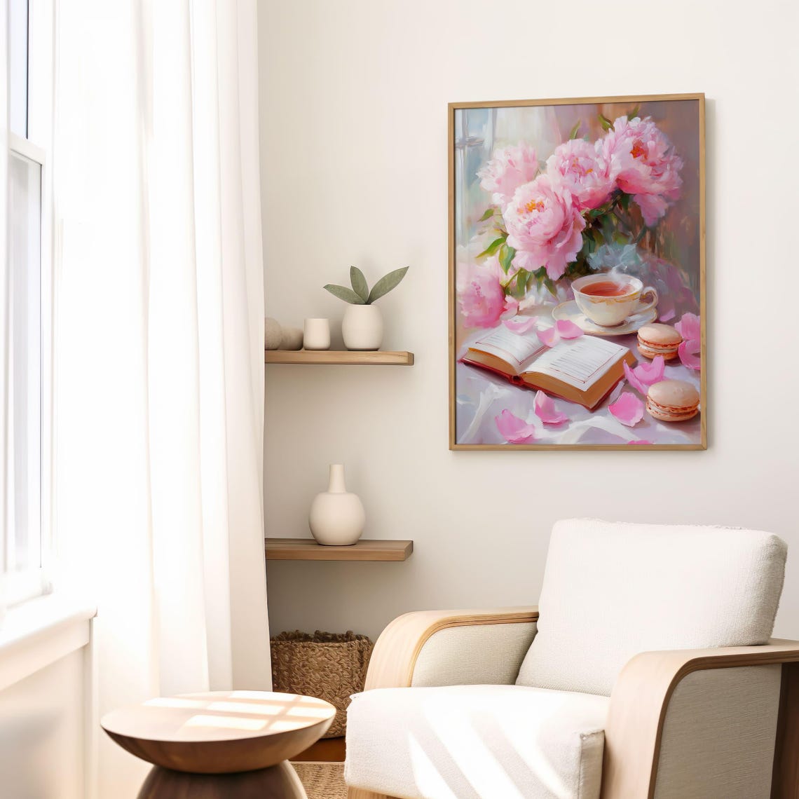 Pink Peonies with Open Book Tea and Macarons Floral Bookish Art Poster - Image 5