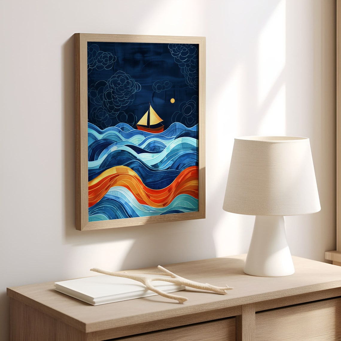 Golden Sailboat Night Waves Stylized Ocean Seascape Art Poster - Image 4