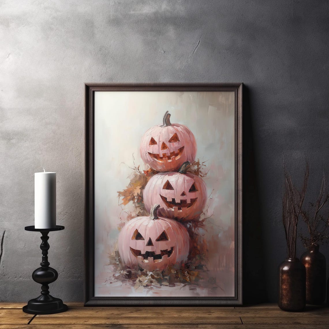 Pink Pastel Jack O Lanterns Stacked Pumpkins Halloween Poster - Image 3