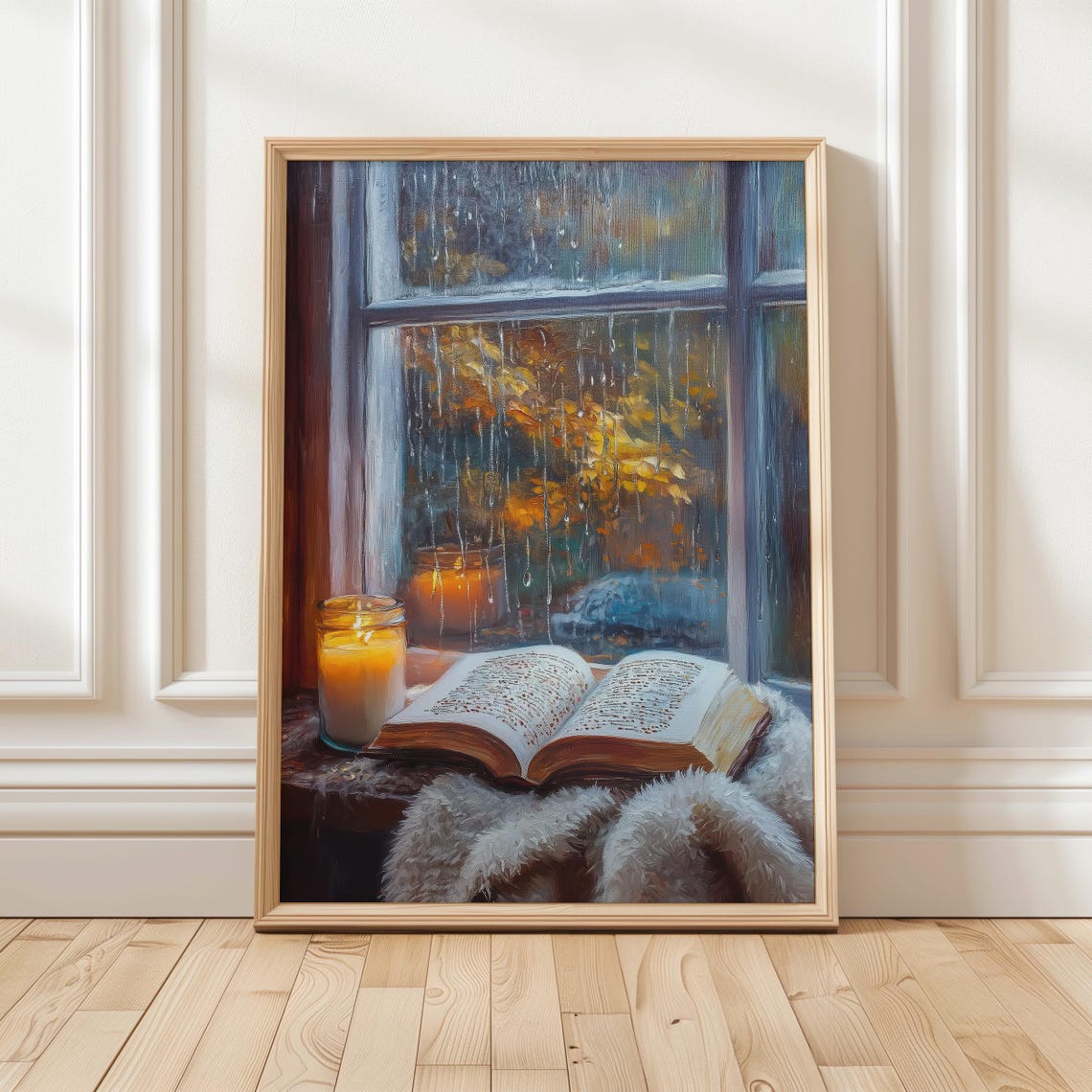 Cozy Fall Reading Nook Candle and Book by Rainy Window Art Poster
