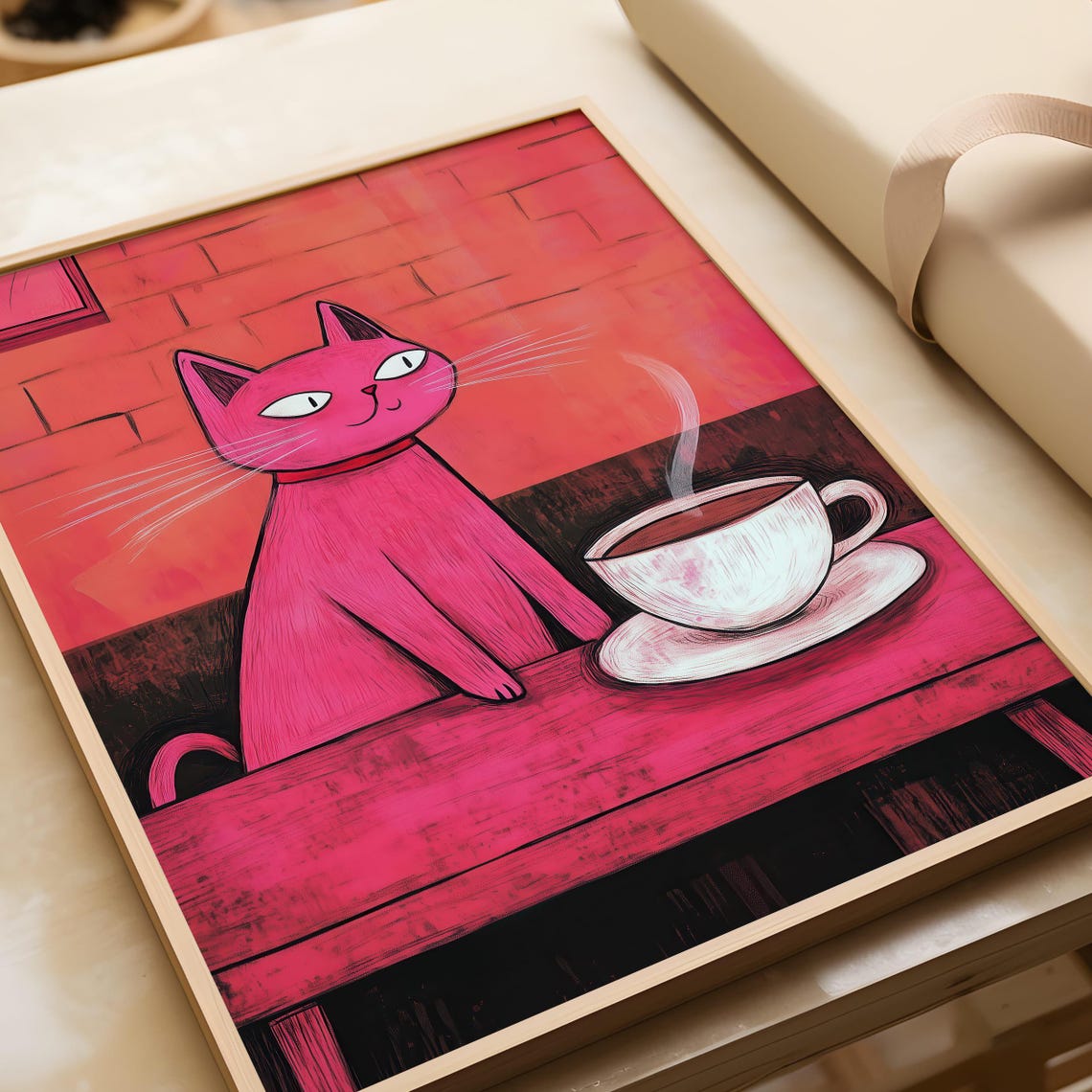 Pink Cat With Coffee Cup Whimsical Kitchen Cafe Decor Poster - Image 6