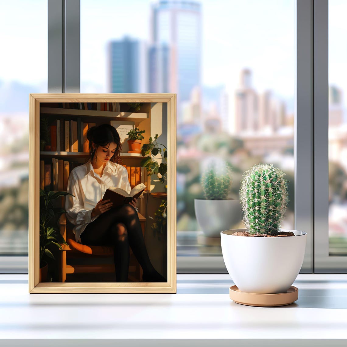Woman Absorbed In A Book In Sunlit Home Library Corner Poster - Image 3