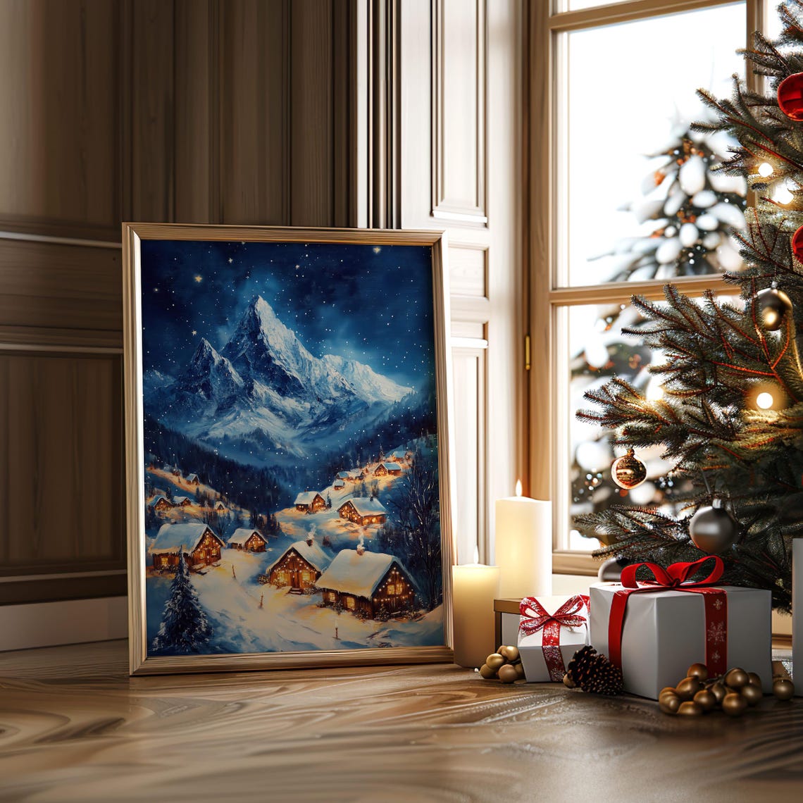 Starry Night Snowy Village Beneath Towering Mountain Peaks Poster - Image 6