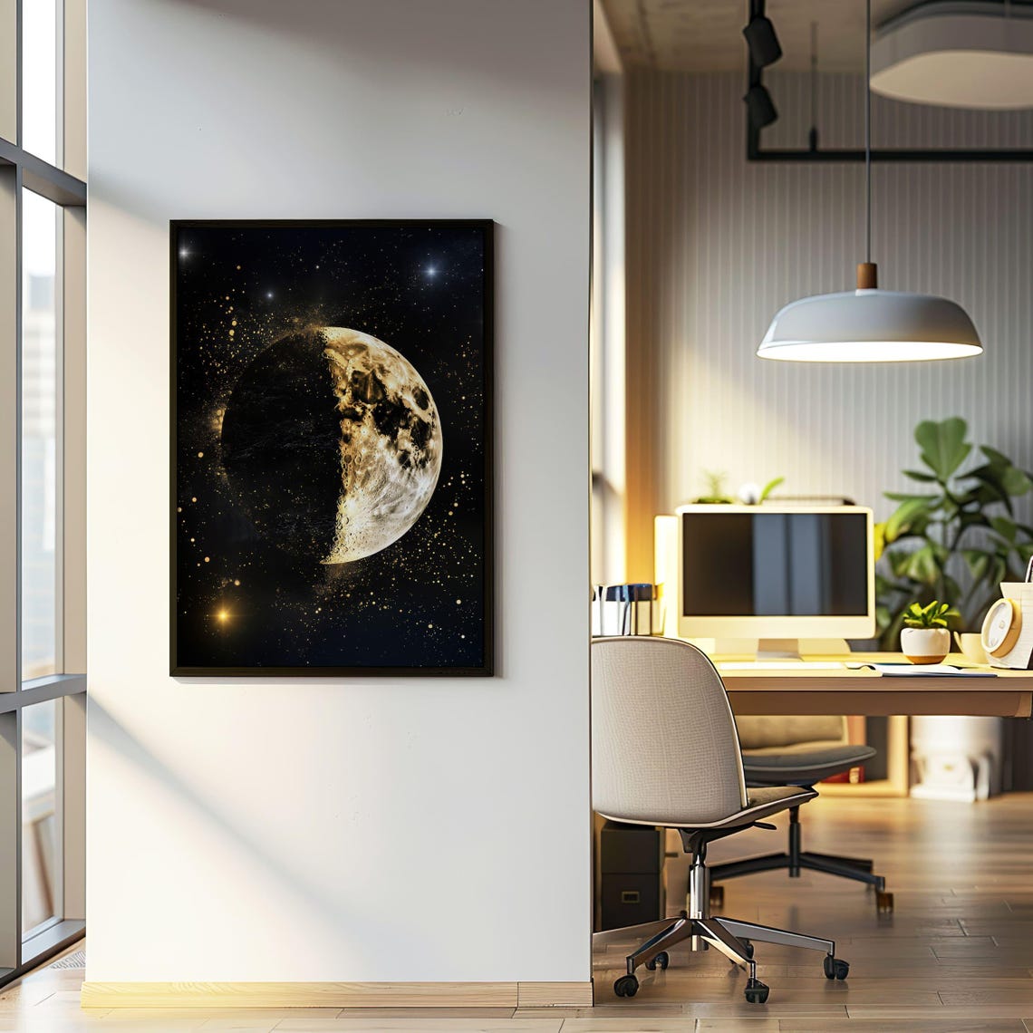Golden Half Moon in Black Starry Sky with Celestial Gold Dust Poster - Image 4