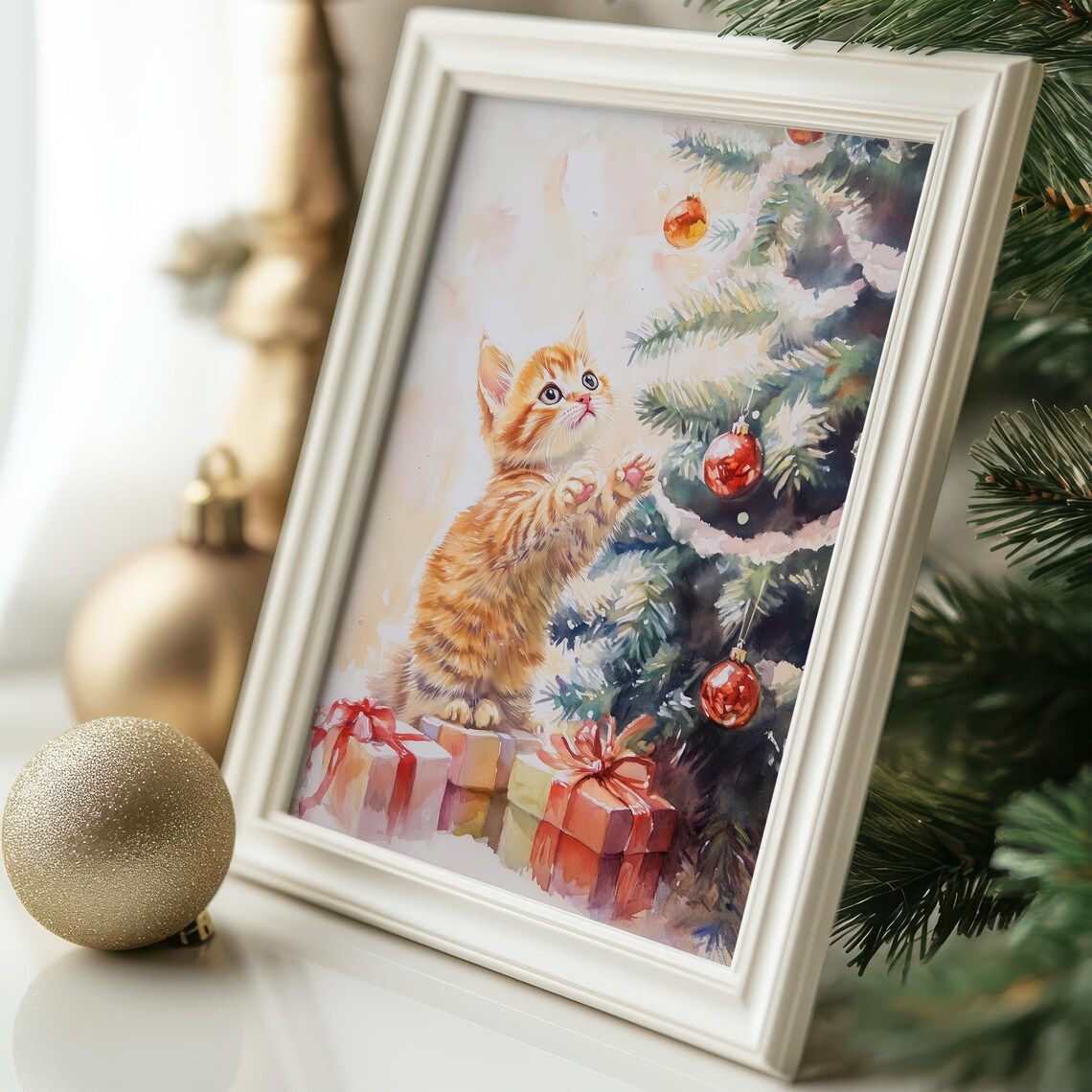 Ginger Kitten Reaching for Christmas Tree Ornaments Watercolor Art Poster - Image 6