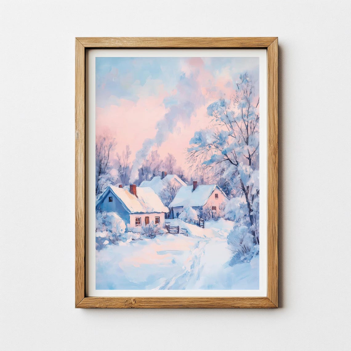 Snowy Winter Village Cottages In Pastel Hues Landscape Poster - Image 3