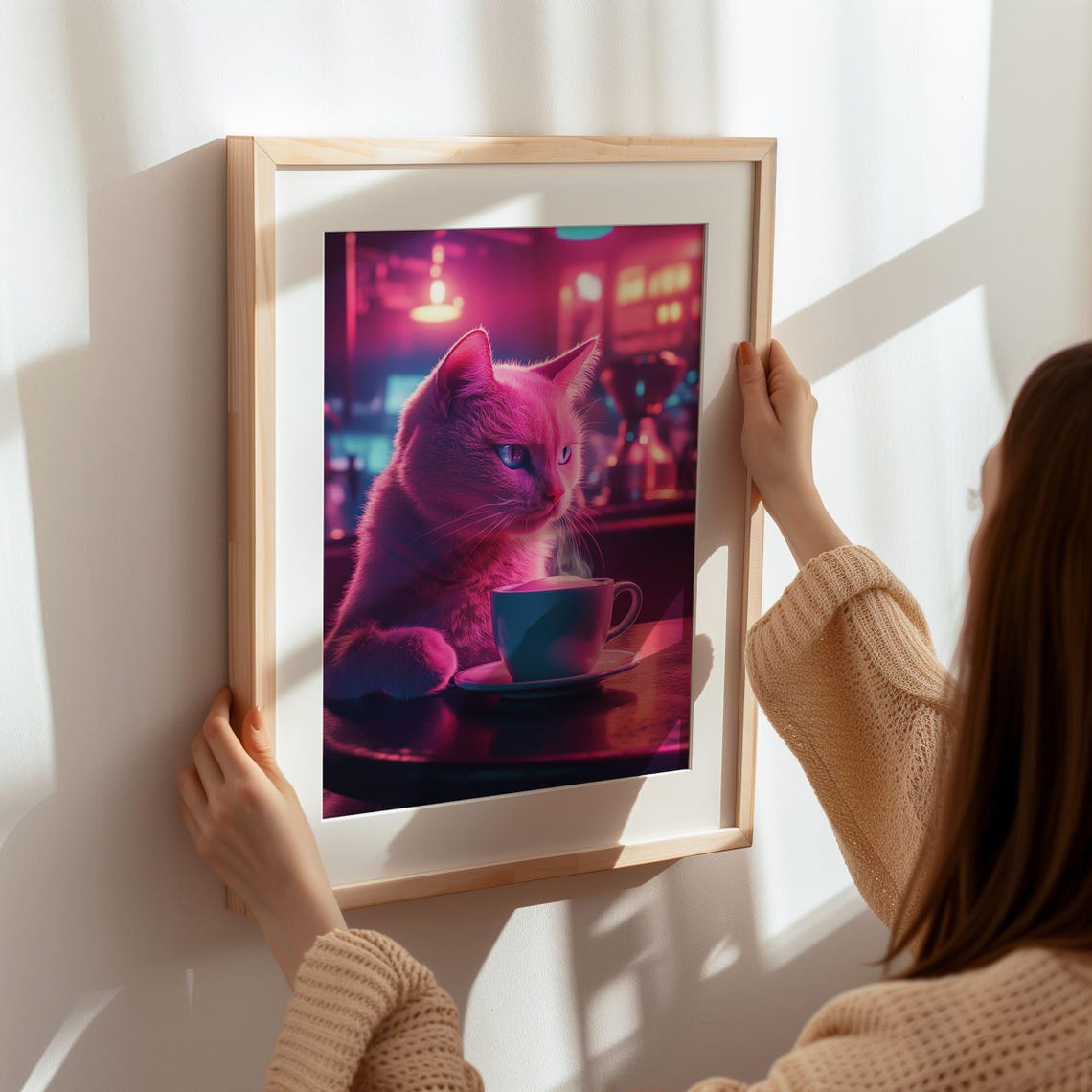 Neon Pink Cat With Coffee Cyberpunk Night Cafe Animal Wall Poster - Image 7