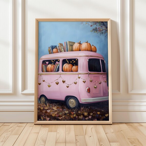 Pink Halloween Art Print Cute Pumpkin Decor Cozy Fall Bookish Wall Art Whimsical Print