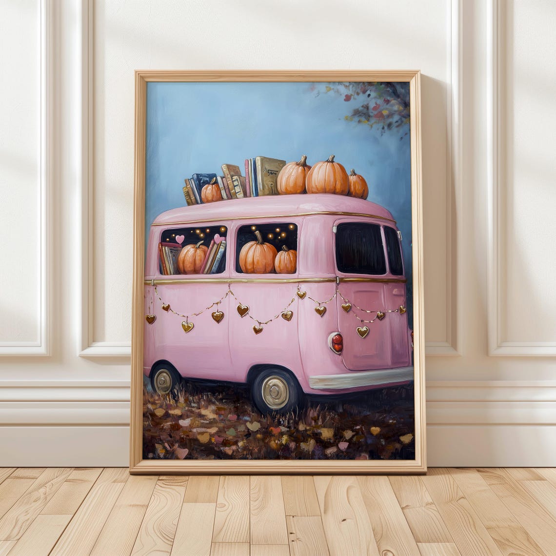 Pink Retro Van With Pumpkins and Books Fall Halloween Poster