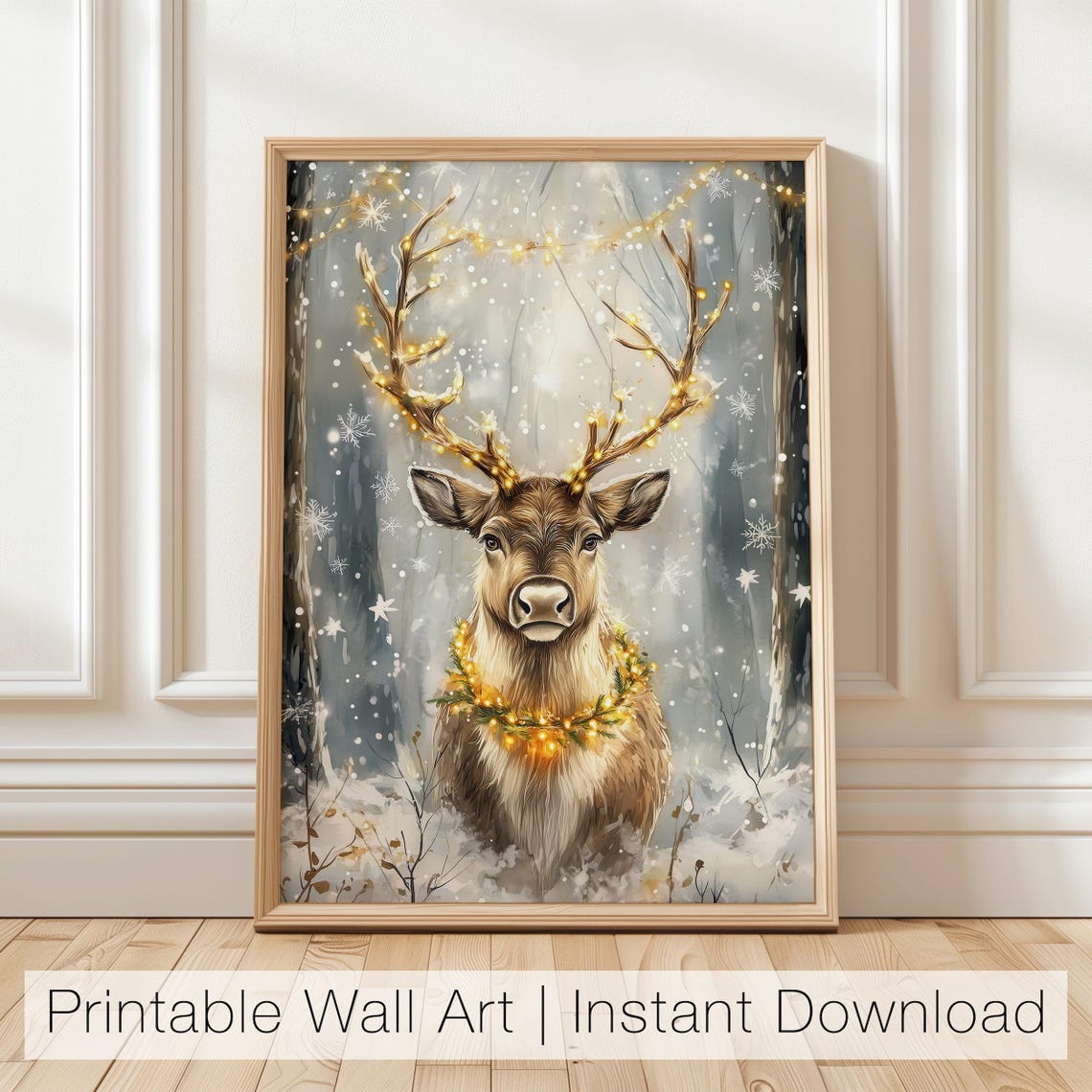 Christmas Reindeer With Lights Snowy Forest Winter Deer Poster