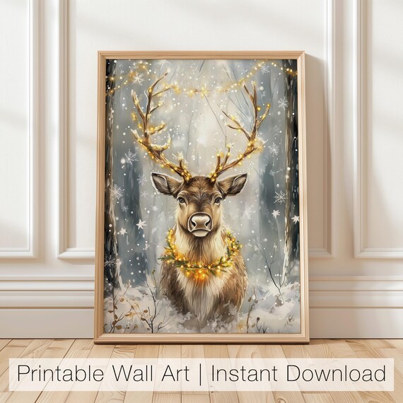 Christmas Reindeer With Lights Snowy Forest Winter Deer Poster