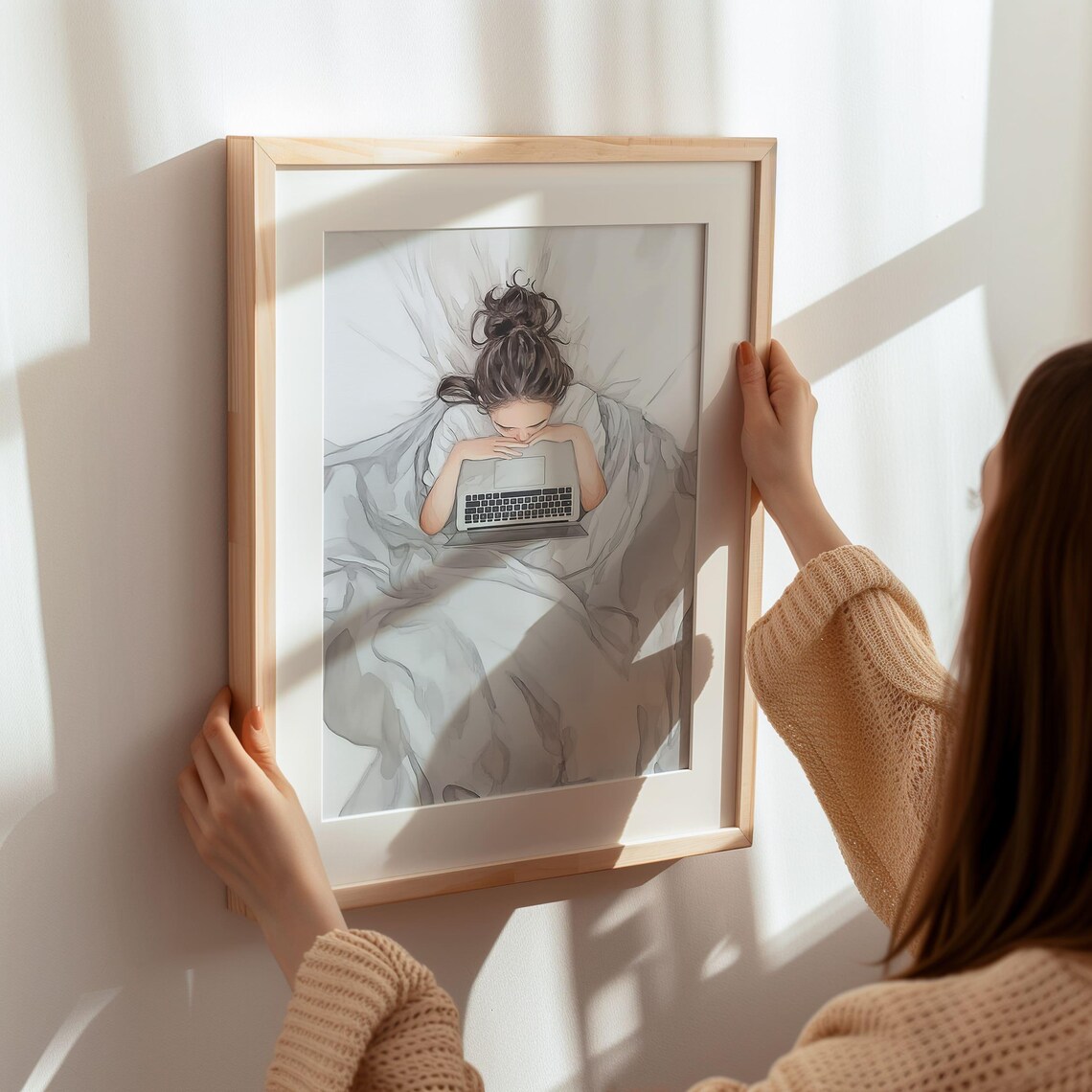Cozy Woman in Bed With Laptop Minimalist Home Office Bedroom Poster - Image 7