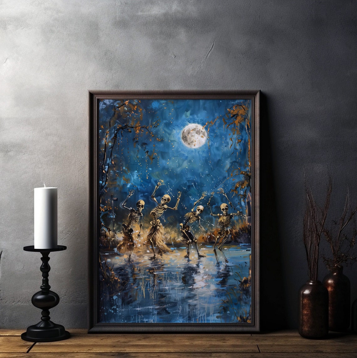 Dancing Skeletons Under Full Moon Spooky Halloween Night Poster - Image 5