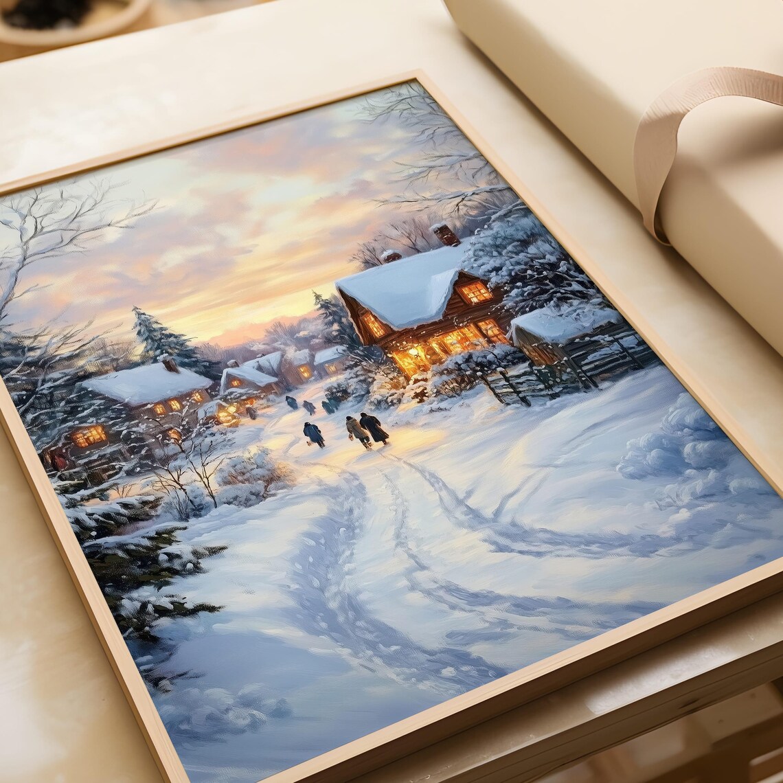Cozy Snowy Village Street at Dusk With Glowing Cottages Poster - Image 2