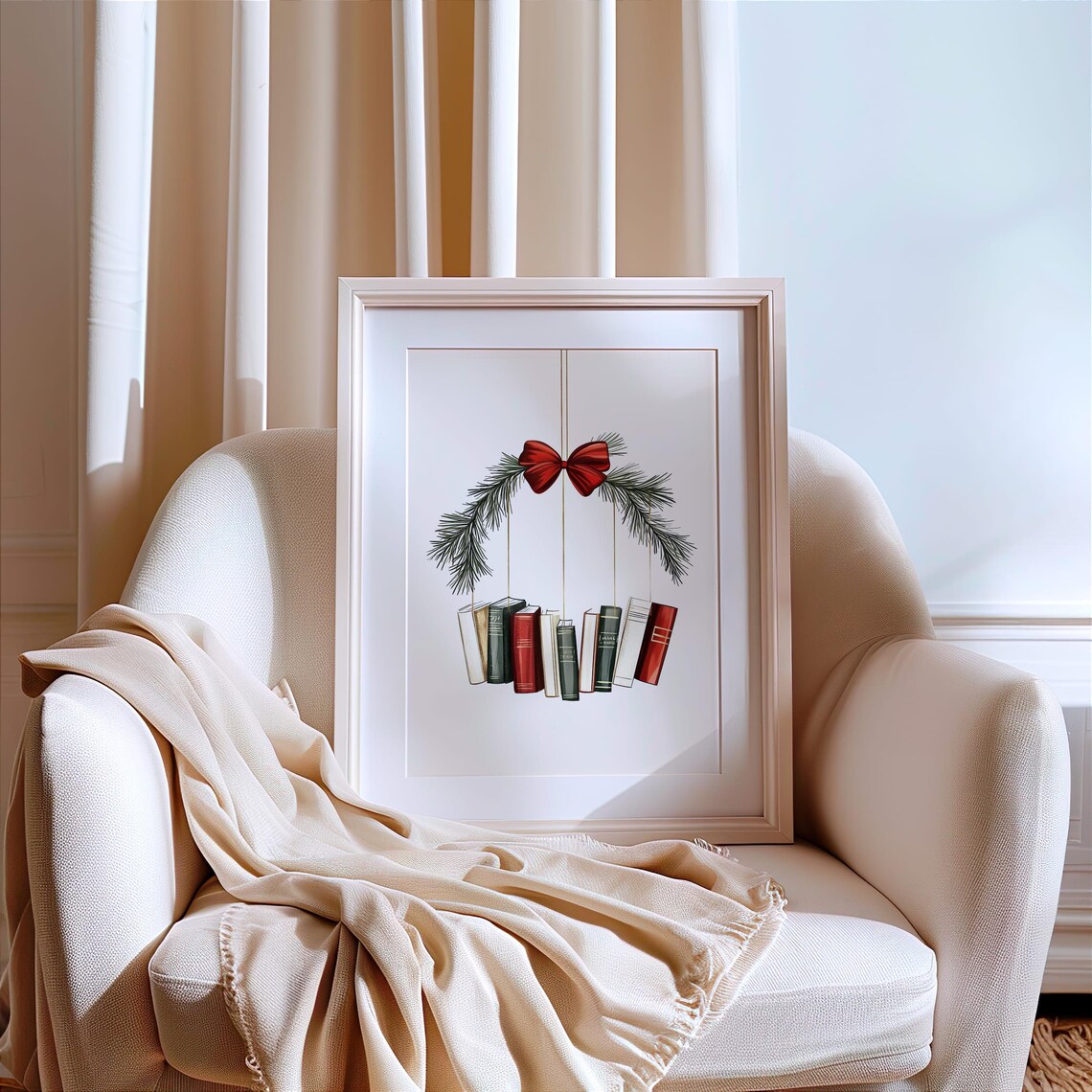 Christmas Book Wreath Hanging Books With Red Bow Holiday Decor Art Poster - Image 3