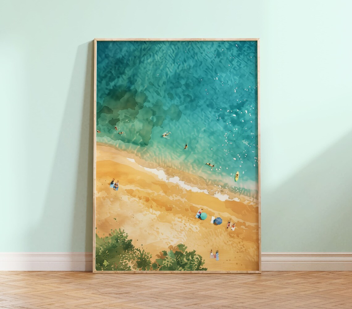 Tropical Beach Aerial Turquoise Ocean Summer Watercolor Art Poster