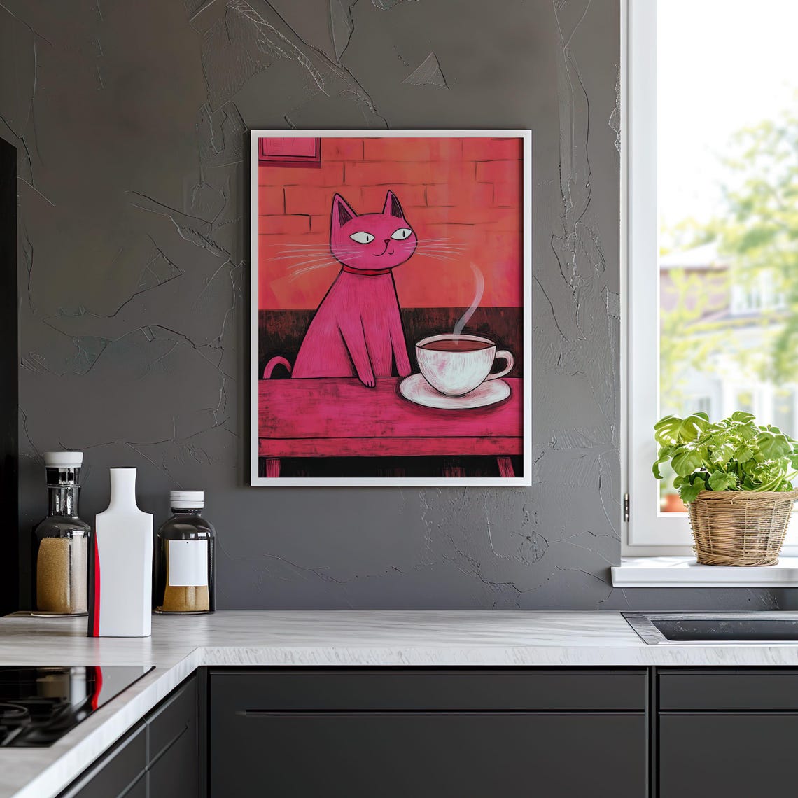 Pink Cat With Coffee Cup Whimsical Kitchen Cafe Decor Poster - Image 2