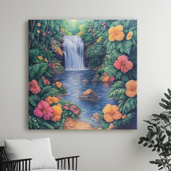 Tropical Jungle Bliss Vibrant Colored Pencil Illustration Lush Green Foliage Soft Bright Flowers Gentle Waterfall Nature Wall Art