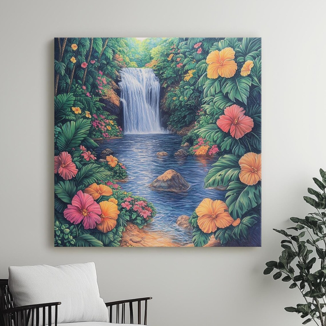Tropical Waterfall with Hibiscus Flowers Lush Jungle Art Poster