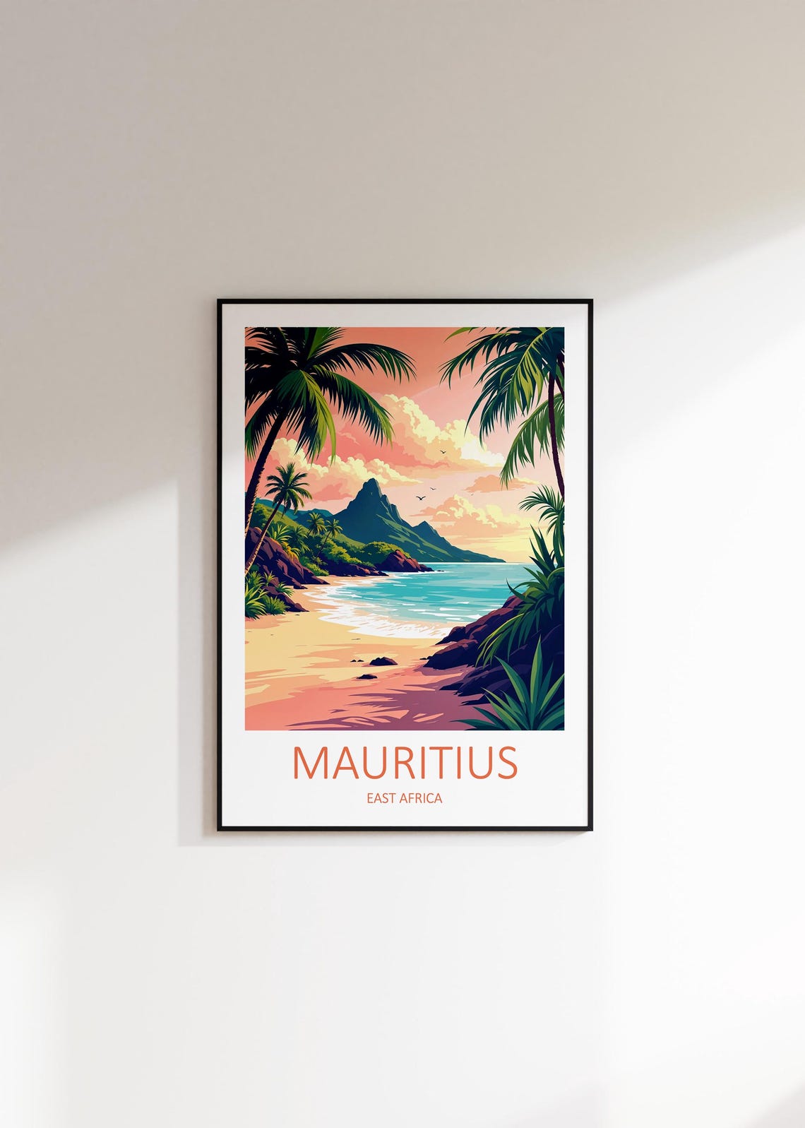 Mauritius East Africa Tropical Beach Palm Trees Mountain Sunset Poster - Image 2