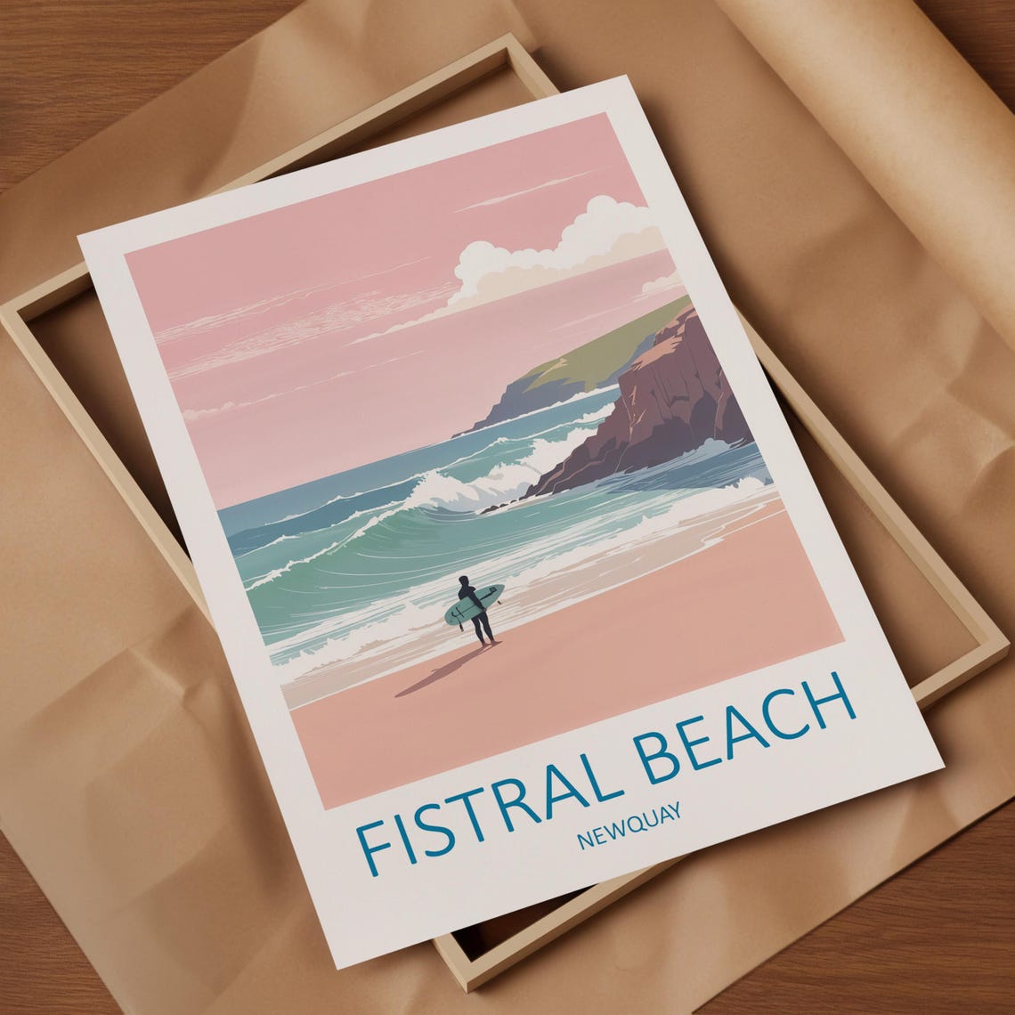 Fistral Beach Newquay Surfer Pink Sunset Cornwall Waves Poster - Image 4