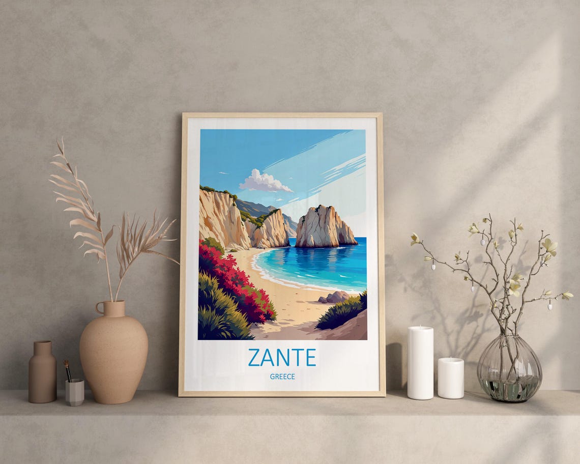 Zante Travel Print Zante Poster Greece Wall Art Holiday Wall Art Travel Memories Gift Beach Prints Zakynthos Greece Travel Poster - Image 2