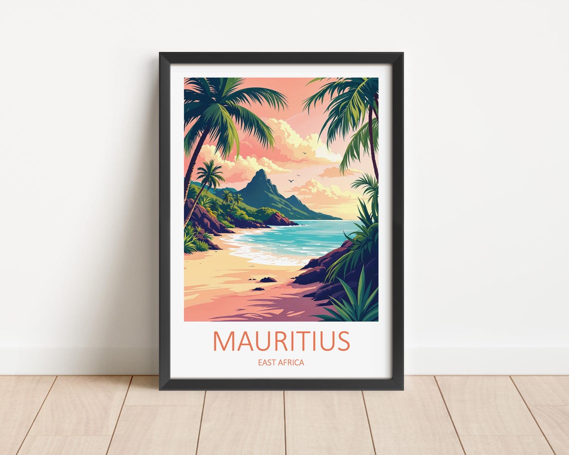 Mauritius East Africa Tropical Beach Palm Trees Mountain Sunset Poster