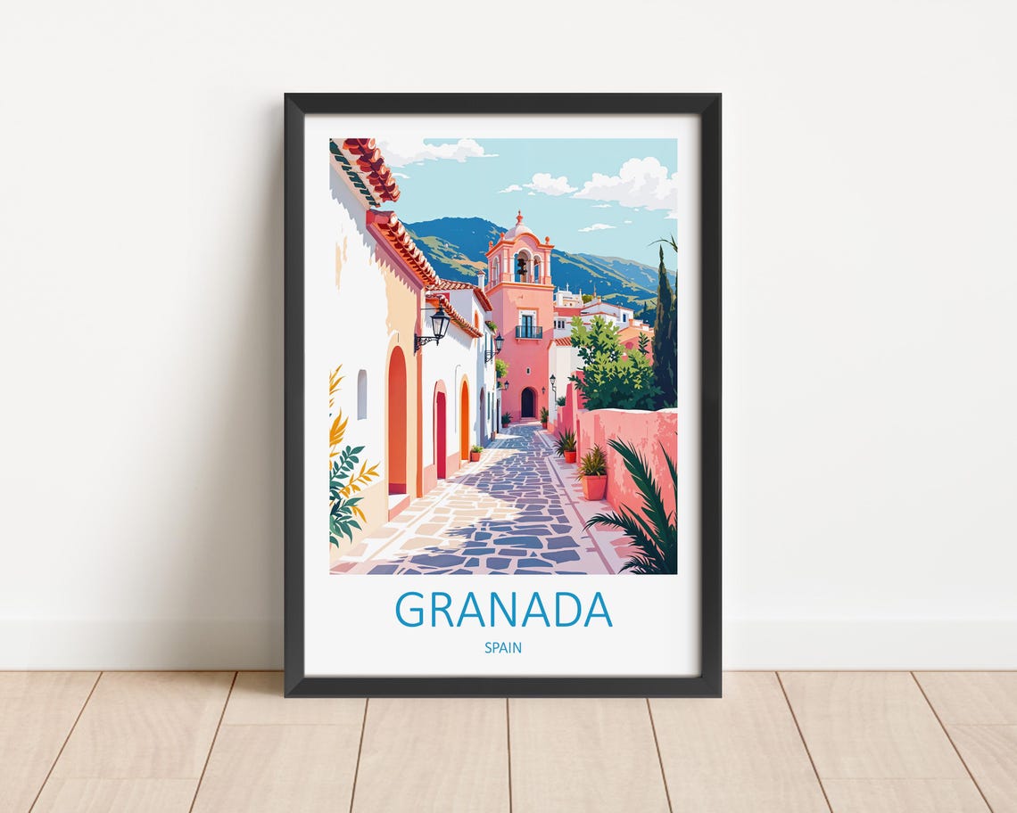 Granada Spain Whitewashed Alley With Bell Tower and Hills Poster